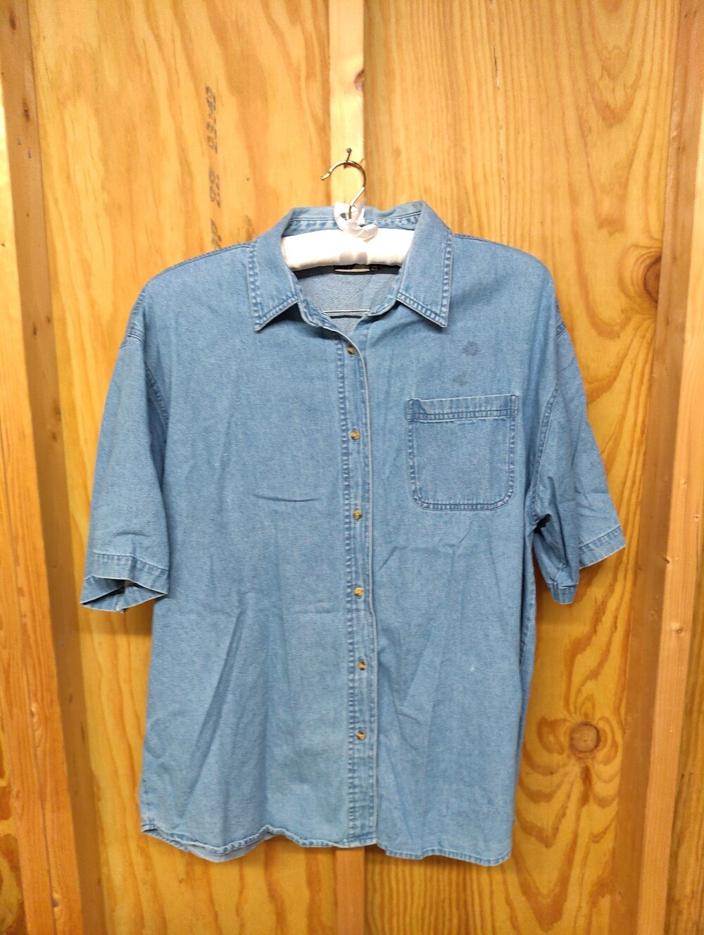 90s Graphic Sports Denim Shirt Mens XXL Short Sleeve Light Wash Cotton Retro
